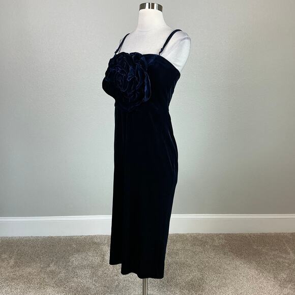 Betsy & Adam Velvet Flower Bodice Midi Sheath Cocktail Dress Navy Blue Size 14 - Picture 4 of 12